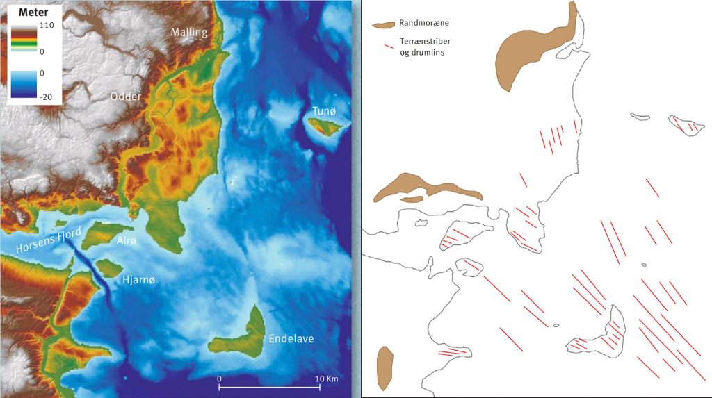 Kortet viser ophobningen af randmoræner ved bl.a. Horsens Fjords nordside og Norsminde Fjord samt de mindre morænerygge i isens retning kaldet drumlins
